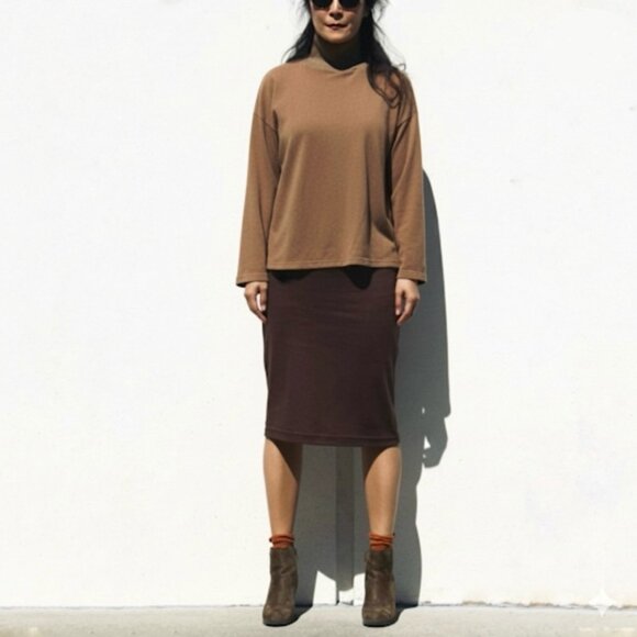 Sz M - Eileen Fisher K/L Chocolate Brown Italian Ponte Knit Stretch Pencil Skirt - Picture 1 of 7